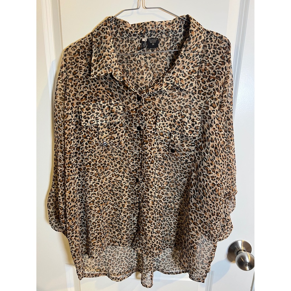Passport Plus Womens Button Up Blouse Leopard Animal Print Brown 1X